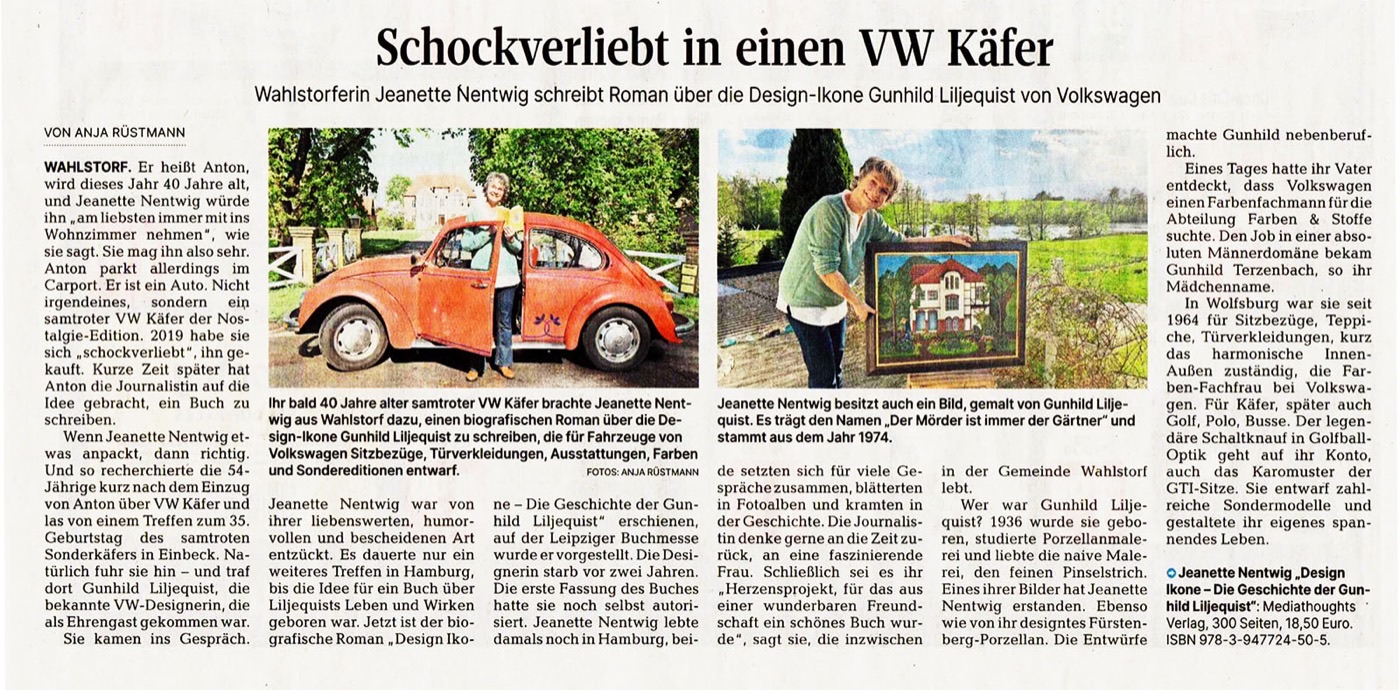 Zeitungsausschnitt der Kieler Nachrichten mit der Überschrift „Schockverliebt in einen VW Käfer“