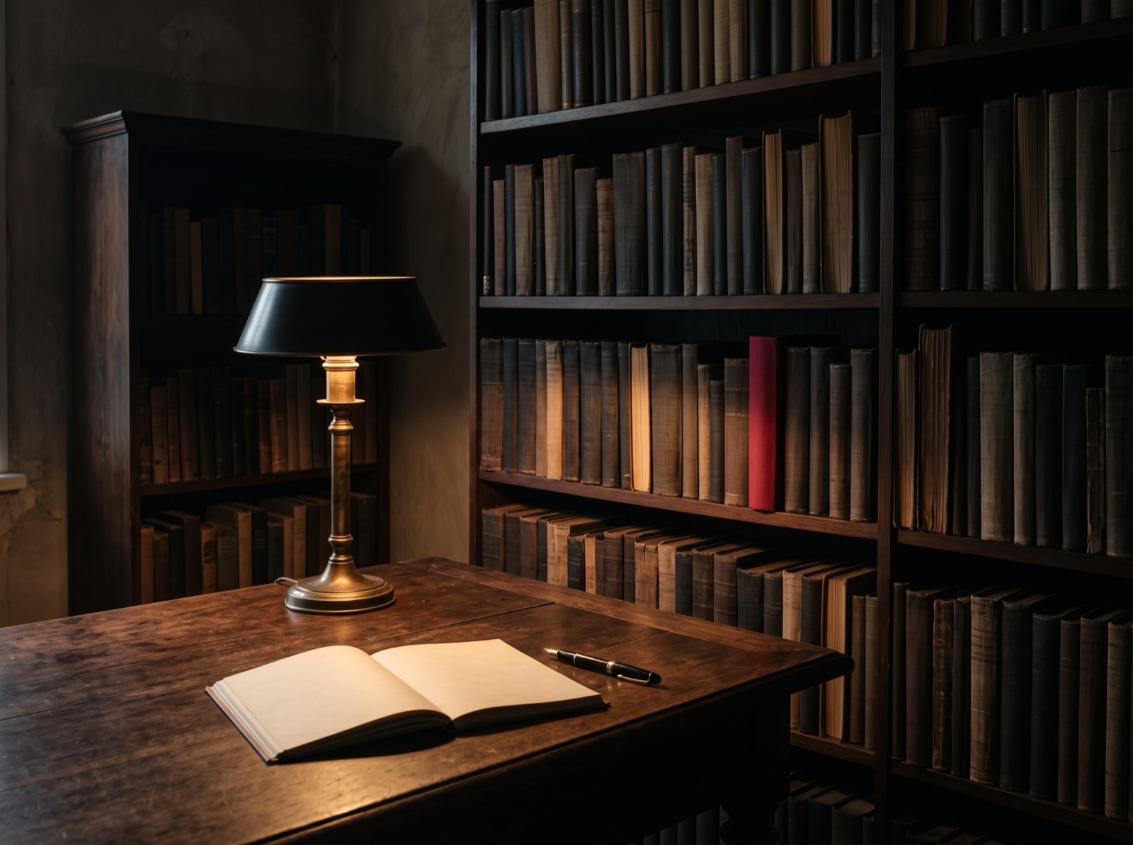 Bücherwand aus dunklem Holz mit Lesetisch, Lampe und aufgeschlagenem Notizbuch