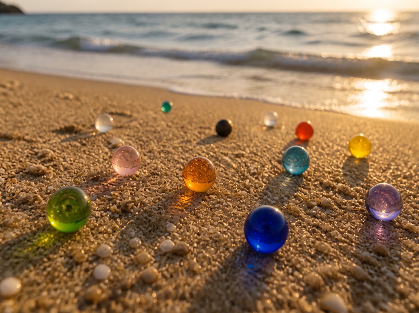 Bunte Glasperlen liegen im Sand am Strand, dahinter rollen Wellen im goldenen Abendlicht