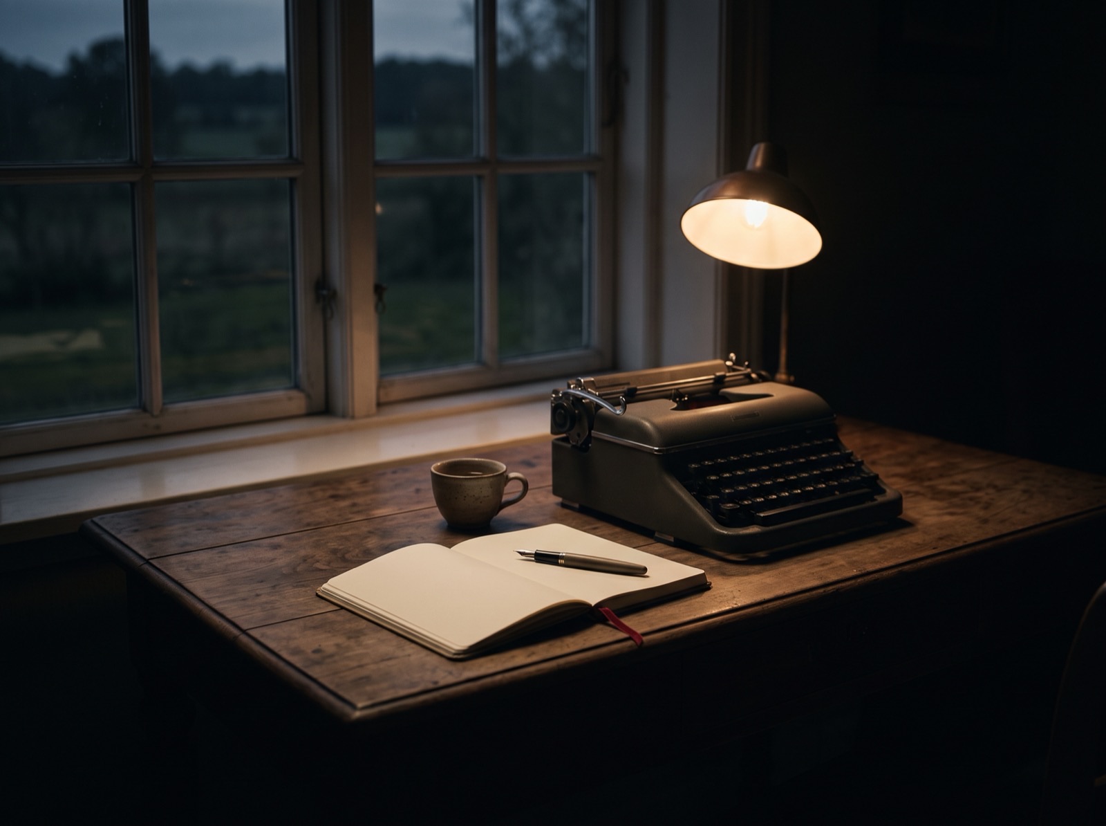 Schreibtisch am Fenster mit Schreibmaschine, aufgeschlagenem Notizbuch und Leselampe