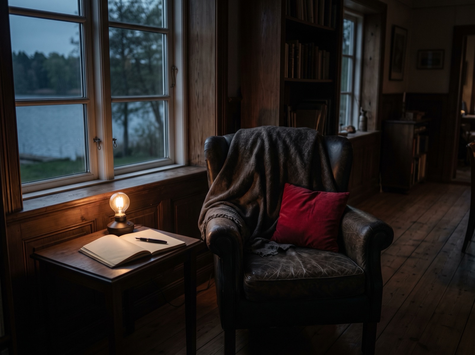 Ledersessel mit Wolldecke am Fenster zum See, daneben ein Notizbuch im Lampenlicht